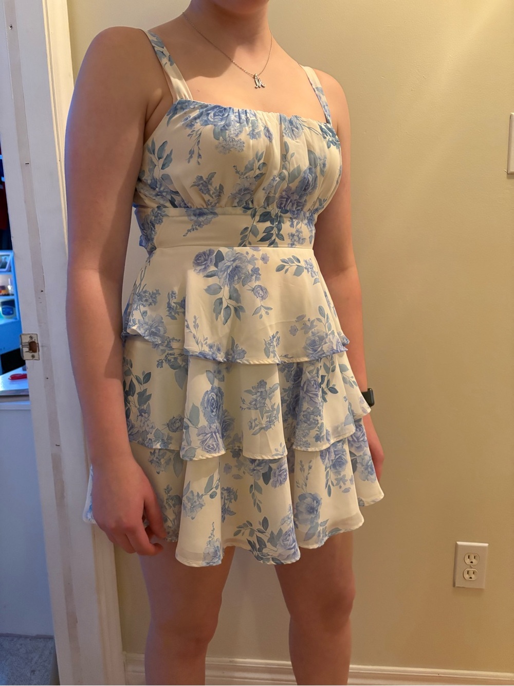 Lovely Day Cream Mini Dress with Blue Floral Print